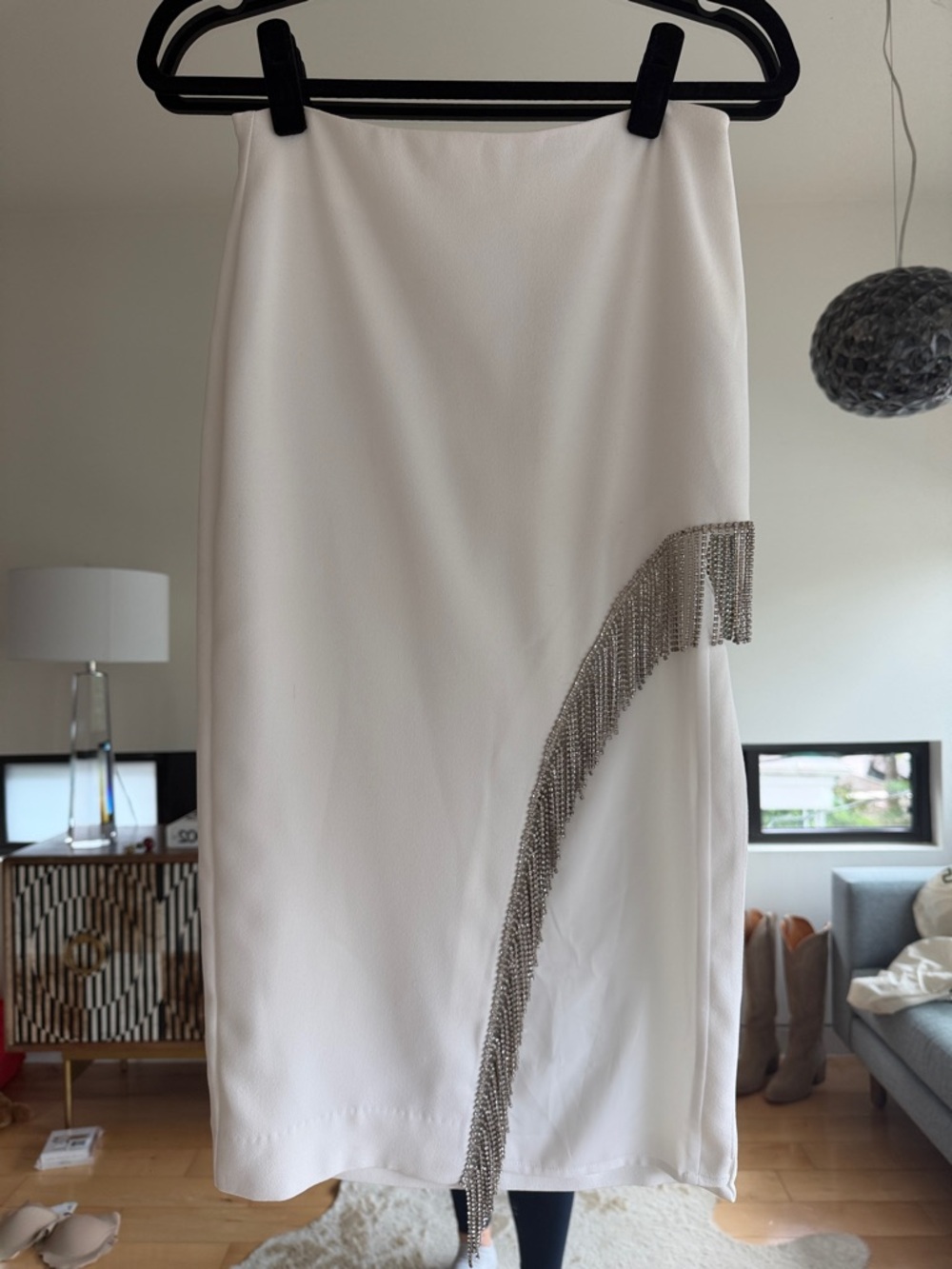 NBD White Pencil Skirt with Silver Fringe Accent